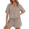 imageEkouaer Waffle Knit Lounge Sets for Women 2 Piece Outfits Short Sleeve Top and Shorts Pajama Sets Tracksuit SweatsuitsLight Gray