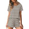 imageEkouaer Women 2 Piece Pajama Sets Crew Neck Pjs Soft Short Sleeve Top and Shorts Sleepwear Summer Lounge SetApricot Striped