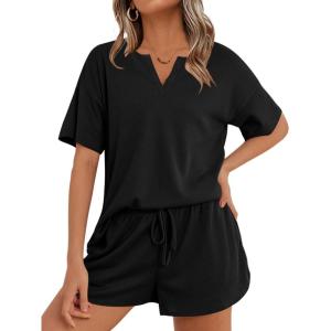 imageEkouaer Waffle Knit Lounge Sets for Women 2 Piece Outfits Short Sleeve Top and Shorts Pajama Sets Tracksuit SweatsuitsBlack