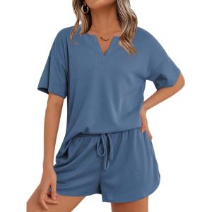 imageEkouaer Waffle Knit Lounge Sets for Women 2 Piece Outfits Short Sleeve Top and Shorts Pajama Sets Tracksuit SweatsuitsBlue