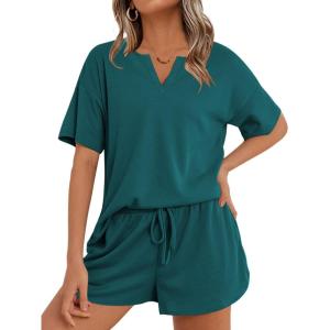 imageEkouaer Waffle Knit Lounge Sets for Women 2 Piece Outfits Short Sleeve Top and Shorts Pajama Sets Tracksuit SweatsuitsBlue Green