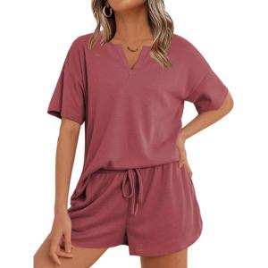 imageEkouaer Waffle Knit Lounge Sets for Women 2 Piece Outfits Short Sleeve Top and Shorts Pajama Sets Tracksuit SweatsuitsFuchsia Red