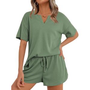 imageEkouaer Waffle Knit Lounge Sets for Women 2 Piece Outfits Short Sleeve Top and Shorts Pajama Sets Tracksuit SweatsuitsGrey Green