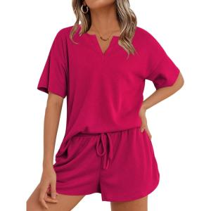 imageEkouaer Waffle Knit Lounge Sets for Women 2 Piece Outfits Short Sleeve Top and Shorts Pajama Sets Tracksuit SweatsuitsRose Red