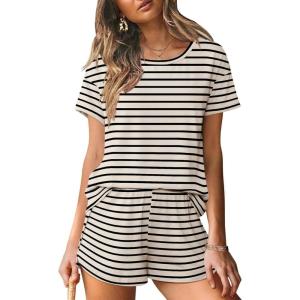 imageEkouaer Women 2 Piece Pajama Sets Crew Neck Pjs Soft Short Sleeve Top and Shorts Sleepwear Summer Lounge SetApricot Striped