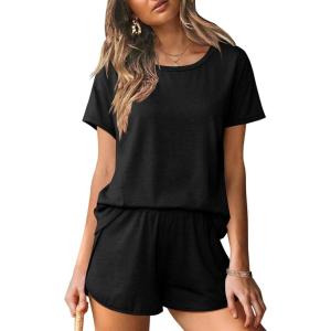 imageEkouaer Women 2 Piece Pajama Sets Crew Neck Pjs Soft Short Sleeve Top and Shorts Sleepwear Summer Lounge SetBlack