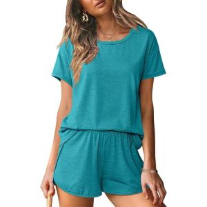 imageEkouaer Women 2 Piece Pajama Sets Crew Neck Pjs Soft Short Sleeve Top and Shorts Sleepwear Summer Lounge SetBlue Gren