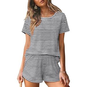 imageEkouaer Women 2 Piece Pajama Sets Crew Neck Pjs Soft Short Sleeve Top and Shorts Sleepwear Summer Lounge SetDark Grey Striped