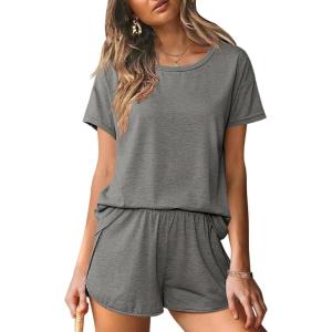 imageEkouaer Women 2 Piece Pajama Sets Crew Neck Pjs Soft Short Sleeve Top and Shorts Sleepwear Summer Lounge SetGrey