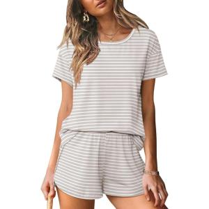 imageEkouaer Women 2 Piece Pajama Sets Crew Neck Pjs Soft Short Sleeve Top and Shorts Sleepwear Summer Lounge SetGrey Striped