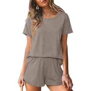 imageEkouaer Women 2 Piece Pajama Sets Crew Neck Pjs Soft Short Sleeve Top and Shorts Sleepwear Summer Lounge SetKhaki