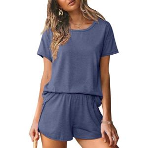 imageEkouaer Women 2 Piece Pajama Sets Crew Neck Pjs Soft Short Sleeve Top and Shorts Sleepwear Summer Lounge SetNavy Blue