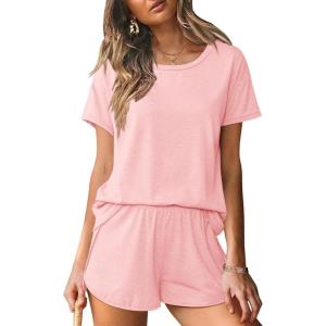 imageEkouaer Women 2 Piece Pajama Sets Crew Neck Pjs Soft Short Sleeve Top and Shorts Sleepwear Summer Lounge SetPink