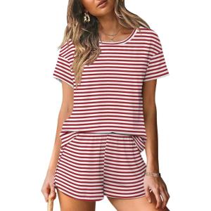 imageEkouaer Women 2 Piece Pajama Sets Crew Neck Pjs Soft Short Sleeve Top and Shorts Sleepwear Summer Lounge SetRed Striped