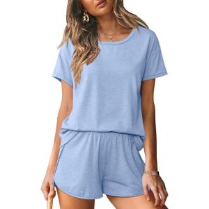 imageEkouaer Women 2 Piece Pajama Sets Crew Neck Pjs Soft Short Sleeve Top and Shorts Sleepwear Summer Lounge SetSky Blue