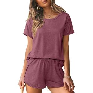 imageEkouaer Women 2 Piece Pajama Sets Crew Neck Pjs Soft Short Sleeve Top and Shorts Sleepwear Summer Lounge SetWine Red