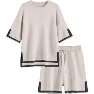 imageEkouaer Womens Knit Lounge Set 2 Piece Sweater Sets Short Sleeve Sweatsuit Pullover TopsApricot