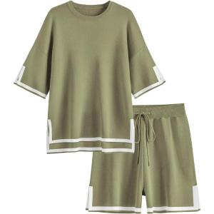 imageEkouaer Womens Knit Lounge Set 2 Piece Sweater Sets Short Sleeve Sweatsuit Pullover TopsArmy Green