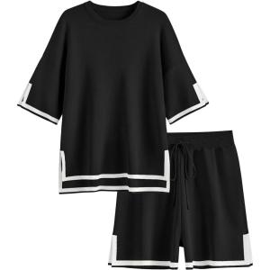imageEkouaer Womens Knit Lounge Set 2 Piece Sweater Sets Short Sleeve Sweatsuit Pullover TopsBlack