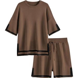 imageEkouaer Womens Knit Lounge Set 2 Piece Sweater Sets Short Sleeve Sweatsuit Pullover TopsBrown