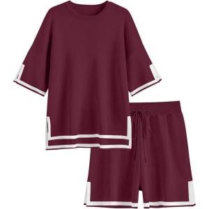 imageEkouaer Womens Knit Lounge Set 2 Piece Sweater Sets Short Sleeve Sweatsuit Pullover TopsDeep Red