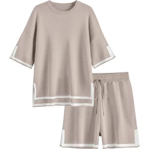 imageEkouaer Womens Knit Lounge Set 2 Piece Sweater Sets Short Sleeve Sweatsuit Pullover TopsKhaki