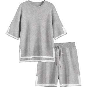 imageEkouaer Womens Knit Lounge Set 2 Piece Sweater Sets Short Sleeve Sweatsuit Pullover TopsLight Gray