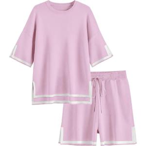 imageEkouaer Womens Knit Lounge Set 2 Piece Sweater Sets Short Sleeve Sweatsuit Pullover TopsLight Pink