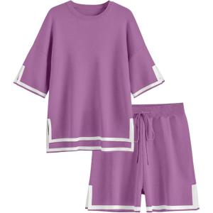 imageEkouaer Womens Knit Lounge Set 2 Piece Sweater Sets Short Sleeve Sweatsuit Pullover TopsPurple