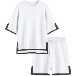 imageEkouaer Womens Knit Lounge Set 2 Piece Sweater Sets Short Sleeve Sweatsuit Pullover TopsWhite