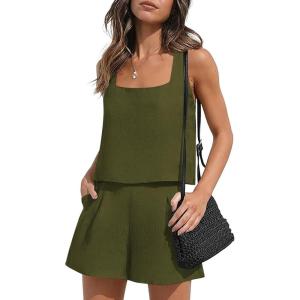 imageEkouaer Womens Pajama Set Shorts Sleeveless Lounge Sets Summer 2 Piece Pjs Tank Top and Shorts with PocketsArmy Green