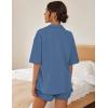 imageEkouaer Pajamas for Women Button Up Lounge Set Waffle Knit Loungewear Short Sleeve Pjs 2 Piece Sleepwear Shorts SetLake Blue