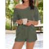 imageEkouaer Womens 2 Piece Short Sleeve Waffle Knit V Neck Off Shoulder Casual Loose Fit Sweatsuit OutfitsArmy Green