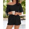 imageEkouaer Womens 2 Piece Short Sleeve Waffle Knit V Neck Off Shoulder Casual Loose Fit Sweatsuit OutfitsBlack