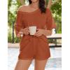 imageEkouaer Womens 2 Piece Short Sleeve Waffle Knit V Neck Off Shoulder Casual Loose Fit Sweatsuit OutfitsCaramel