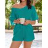 imageEkouaer Womens 2 Piece Short Sleeve Waffle Knit V Neck Off Shoulder Casual Loose Fit Sweatsuit OutfitsGreen