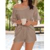 imageEkouaer Womens 2 Piece Short Sleeve Waffle Knit V Neck Off Shoulder Casual Loose Fit Sweatsuit OutfitsKhaki