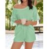 imageEkouaer Womens 2 Piece Short Sleeve Waffle Knit V Neck Off Shoulder Casual Loose Fit Sweatsuit OutfitsLight Green