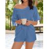 imageEkouaer Womens 2 Piece Short Sleeve Waffle Knit V Neck Off Shoulder Casual Loose Fit Sweatsuit OutfitsNavy Blue