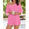 imageEkouaer Womens 2 Piece Short Sleeve Waffle Knit V Neck Off Shoulder Casual Loose Fit Sweatsuit OutfitsPink