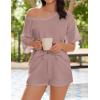 imageEkouaer Womens 2 Piece Short Sleeve Waffle Knit V Neck Off Shoulder Casual Loose Fit Sweatsuit OutfitsRose Red