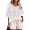 imageEkouaer Womens 2 Piece Short Sleeve Waffle Knit V Neck Off Shoulder Casual Loose Fit Sweatsuit OutfitsWhite