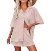 imageEkouaer Pajamas for Women Button Up Lounge Set Waffle Knit Loungewear Short Sleeve Pjs 2 Piece Sleepwear Shorts SetLight Pink