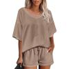 imageEkouaer Womens 2 Piece Short Sleeve Waffle Knit V Neck Off Shoulder Casual Loose Fit Sweatsuit OutfitsKhaki