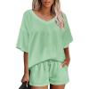 imageEkouaer Womens 2 Piece Short Sleeve Waffle Knit V Neck Off Shoulder Casual Loose Fit Sweatsuit OutfitsLight Green