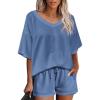 imageEkouaer Womens 2 Piece Short Sleeve Waffle Knit V Neck Off Shoulder Casual Loose Fit Sweatsuit OutfitsNavy Blue