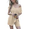 imageEkouaer Womens Pajamas Summer 2 Piece Sets Knit Loungewear V Neck Cap Sleeve Workout Sets Biker Shorts Tracksuit SXXLBeige
