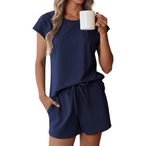 imageEkouaer Lounge Sets For Women Cotton Pajamas for Women Set 2 Piece Cap Sleeve Pjs Shorts Set SXXLNavy Blue