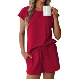 imageEkouaer Lounge Sets For Women Cotton Pajamas for Women Set 2 Piece Cap Sleeve Pjs Shorts Set SXXLWine Red