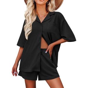 imageEkouaer Pajamas for Women Button Up Lounge Set Waffle Knit Loungewear Short Sleeve Pjs 2 Piece Sleepwear Shorts SetBlack
